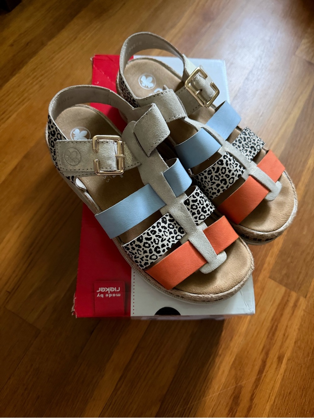 Rieker Multicolor Strappy Leopard Accent Sandals - Blue, Orange, Beige